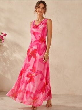 Paper Heart Sleeveless Pink Floral Cowl-Neck Maxi Dress
